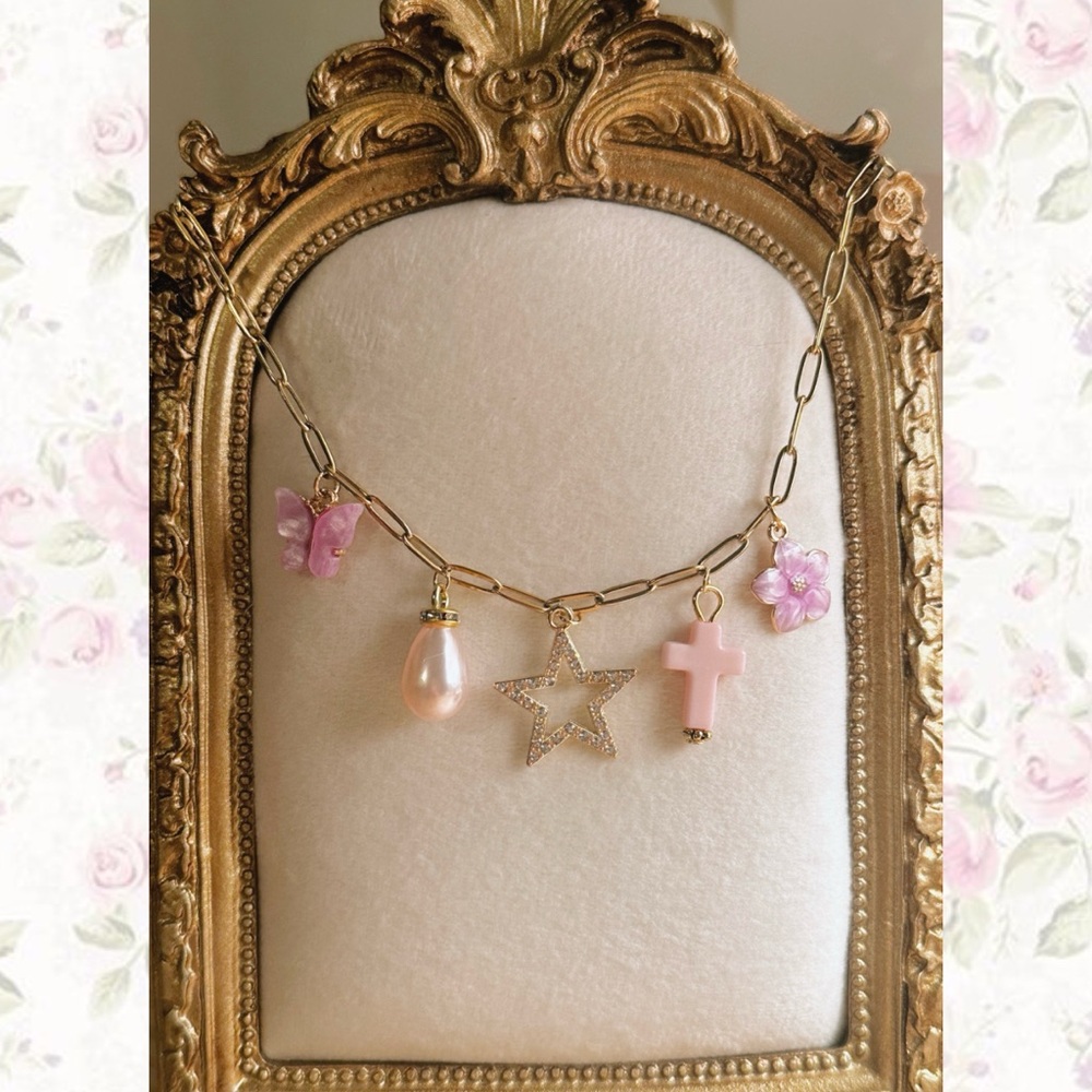 Gold and Pink/Purple Charm Necklace